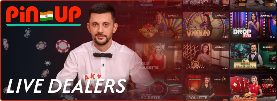 Pin-Up live dealer lobby with a croupier and roulette tables